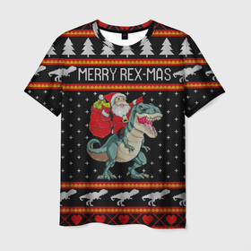 Мужская футболка 3D с принтом Merry Rex-mas в Тюмени, 100% полиэфир | прямой крой, круглый вырез горловины, длина до линии бедер | Тематика изображения на принте: 2020 | 2021 | christmas | dino | happy | merry | new year | rex | santa | sweater | t rex | ugly christmas | динозавр | зима | новогодний | новогодняя | новый год | рождественский | рождественский свитер | рождество | санта | свитер | снег