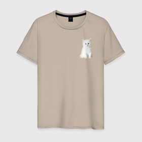 Мужская футболка хлопок с принтом Белый котик в Новосибирске, 100% хлопок | прямой крой, круглый вырез горловины, длина до линии бедер, слегка спущенное плечо. | белый | кот | котенок | котик | маленький | милый | пушистый