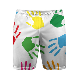 Мужские шорты спортивные с принтом Цветные ладошки  Детский узор в Кировске,  |  | Тематика изображения на принте: дети | детский | краска | ладошки | пальцы | радуга | ребенок | руки | след | узор