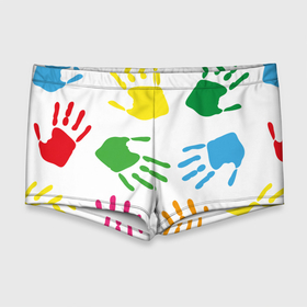 Мужские купальные плавки 3D с принтом Цветные ладошки   Детский узор в Кировске, Полиэстер 85%, Спандекс 15% |  | Тематика изображения на принте: дети | детский | краска | ладошки | пальцы | радуга | ребенок | руки | след | узор