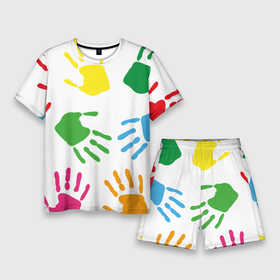 Мужской костюм с шортами 3D с принтом Цветные ладошки   Детский узор в Новосибирске,  |  | Тематика изображения на принте: дети | детский | краска | ладошки | пальцы | радуга | ребенок | руки | след | узор