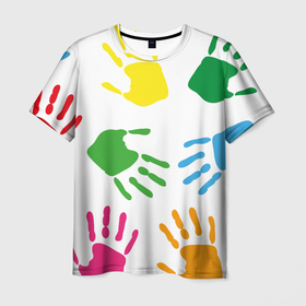 Мужская футболка 3D с принтом Цветные ладошки   Детский узор в Екатеринбурге, 100% полиэфир | прямой крой, круглый вырез горловины, длина до линии бедер | Тематика изображения на принте: дети | детский | краска | ладошки | пальцы | радуга | ребенок | руки | след | узор