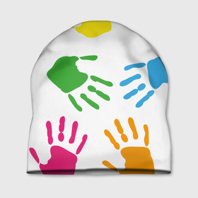 Шапка 3D с принтом Цветные ладошки - Детский узор в Кировске, 100% полиэстер | универсальный размер, печать по всей поверхности изделия | Тематика изображения на принте: дети | детский | краска | ладошки | пальцы | радуга | ребенок | руки | след | узор