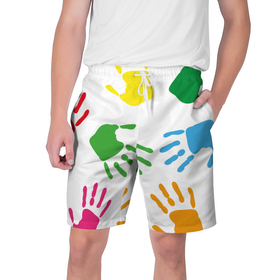 Мужские шорты 3D с принтом Цветные ладошки - Детский узор в Екатеринбурге,  полиэстер 100% | прямой крой, два кармана без застежек по бокам. Мягкая трикотажная резинка на поясе, внутри которой широкие завязки. Длина чуть выше колен | дети | детский | краска | ладошки | пальцы | радуга | ребенок | руки | след | узор