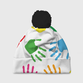 Шапка 3D c помпоном с принтом Цветные ладошки - Детский узор в Тюмени, 100% полиэстер | универсальный размер, печать по всей поверхности изделия | дети | детский | краска | ладошки | пальцы | радуга | ребенок | руки | след | узор