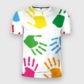 Мужская футболка 3D Slim с принтом Цветные ладошки   Детский узор в Новосибирске, 100% полиэстер с улучшенными характеристиками | приталенный силуэт, круглая горловина, широкие плечи, сужается к линии бедра | Тематика изображения на принте: дети | детский | краска | ладошки | пальцы | радуга | ребенок | руки | след | узор