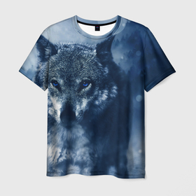 Мужская футболка 3D с принтом Красивый волк в Санкт-Петербурге, 100% полиэфир | прямой крой, круглый вырез горловины, длина до линии бедер | wolf | ауф | волк | волчонок | зима | синеглазый волк