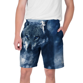Мужские шорты 3D с принтом Красивый волк ,  полиэстер 100% | прямой крой, два кармана без застежек по бокам. Мягкая трикотажная резинка на поясе, внутри которой широкие завязки. Длина чуть выше колен | Тематика изображения на принте: wolf | ауф | волк | волчонок | зима | синеглазый волк