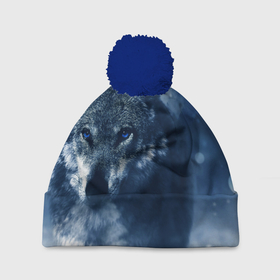 Шапка 3D c помпоном с принтом Красивый волк в Курске, 100% полиэстер | универсальный размер, печать по всей поверхности изделия | wolf | ауф | волк | волчонок | зима | синеглазый волк