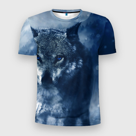 Мужская футболка 3D спортивная с принтом Красивый волк в Белгороде, 100% полиэстер с улучшенными характеристиками | приталенный силуэт, круглая горловина, широкие плечи, сужается к линии бедра | Тематика изображения на принте: wolf | ауф | волк | волчонок | зима | синеглазый волк