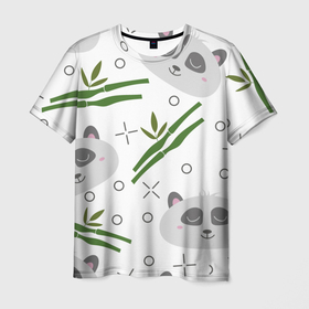 Мужская футболка 3D с принтом Панда с бамбуком , 100% полиэфир | прямой крой, круглый вырез горловины, длина до линии бедер | Тематика изображения на принте: бамбук | белый | детский | милый | мультяшный | панда | паттерн | узор