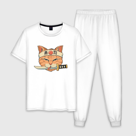 Мужская пижама хлопок с принтом Кот Самурай в Белгороде, 100% хлопок | брюки и футболка прямого кроя, без карманов, на брюках мягкая резинка на поясе и по низу штанин
 | 2077 | cat | cats | cyberpunk | japan | neko | samurai | yakuza | катана | кот | коты | кошка | самурай | харакири | якудза | япония