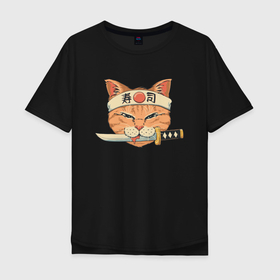 Мужская футболка хлопок Oversize с принтом Кот Самурай в Белгороде, 100% хлопок | свободный крой, круглый ворот, “спинка” длиннее передней части | Тематика изображения на принте: 2077 | cat | cats | cyberpunk | japan | neko | samurai | yakuza | катана | кот | коты | кошка | самурай | харакири | якудза | япония