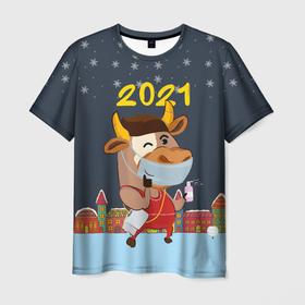 Мужская футболка 3D с принтом Коронавирусный Новый Год в Санкт-Петербурге, 100% полиэфир | прямой крой, круглый вырез горловины, длина до линии бедер | 2021 | 7 января | bull | newyear | santa | бык | быки | бычок | год быка | дед мороз | корова | новогодние каникулы | новогодние праздники | новый 2021 | новый год | новый год 2021 | рождество | сани | санта | санта клаус