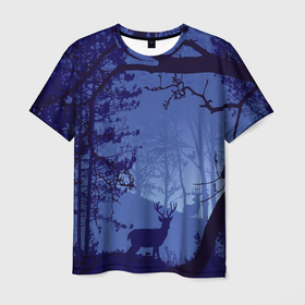 Мужская футболка 3D с принтом ЛЕС в Санкт-Петербурге, 100% полиэфир | прямой крой, круглый вырез горловины, длина до линии бедер | закат | лес | ночной лес | олень | природа | туман