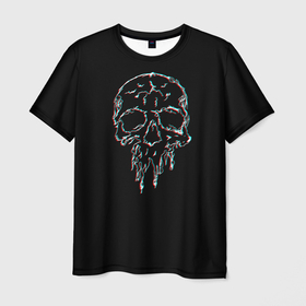Мужская футболка 3D с принтом Skull Glitch в Кировске, 100% полиэфир | прямой крой, круглый вырез горловины, длина до линии бедер | Тематика изображения на принте: bone | glitch | graffite | neon | skull | глитч | голова | граффити | кости | кость | неон | полосы | рисунок | человек | череп