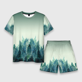 Мужской костюм с шортами 3D с принтом акварельный лес градиент в Кировске,  |  | акварель | горы | деревья | дымка | ели | лес | нрадиент | олень | отражение | природа | рисунок | силуэты