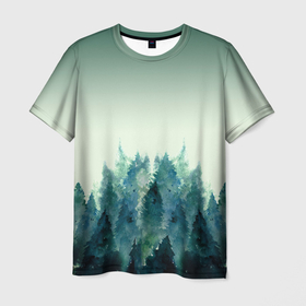 Мужская футболка 3D с принтом акварельный лес градиент , 100% полиэфир | прямой крой, круглый вырез горловины, длина до линии бедер | Тематика изображения на принте: акварель | горы | деревья | дымка | ели | лес | нрадиент | олень | отражение | природа | рисунок | силуэты