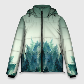 Мужская зимняя куртка 3D с принтом акварельный лес градиент , верх — 100% полиэстер; подкладка — 100% полиэстер; утеплитель — 100% полиэстер | длина ниже бедра, свободный силуэт Оверсайз. Есть воротник-стойка, отстегивающийся капюшон и ветрозащитная планка. 

Боковые карманы с листочкой на кнопках и внутренний карман на молнии. | Тематика изображения на принте: акварель | горы | деревья | дымка | ели | лес | нрадиент | олень | отражение | природа | рисунок | силуэты