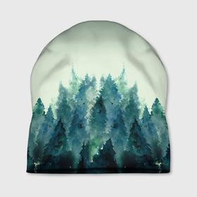 Шапка 3D с принтом акварельный лес градиент , 100% полиэстер | универсальный размер, печать по всей поверхности изделия | Тематика изображения на принте: акварель | горы | деревья | дымка | ели | лес | нрадиент | олень | отражение | природа | рисунок | силуэты