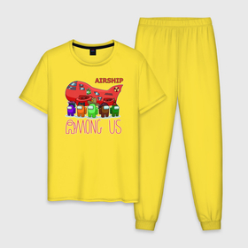 Мужская пижама хлопок с принтом AMONG US   Airship в Курске, 100% хлопок | брюки и футболка прямого кроя, без карманов, на брюках мягкая резинка на поясе и по низу штанин
 | airship | among us | амонг ас | игроки | корабль | красный | логотип | новая карта