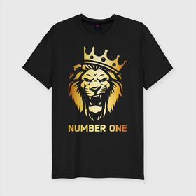 Мужская футболка хлопок Slim с принтом ЗОЛОТОЙ ЛЕВ в Санкт-Петербурге, 92% хлопок, 8% лайкра | приталенный силуэт, круглый вырез ворота, длина до линии бедра, короткий рукав | animals | gold | king | lion | number one | pride | вожак | звери | золото | король | корона | кошки | лев | лидер | номер один | первый | прайд | хищник