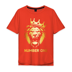 Мужская футболка хлопок Oversize с принтом ЗОЛОТОЙ ЛЕВ в Санкт-Петербурге, 100% хлопок | свободный крой, круглый ворот, “спинка” длиннее передней части | animals | gold | king | lion | number one | pride | вожак | звери | золото | король | корона | кошки | лев | лидер | номер один | первый | прайд | хищник
