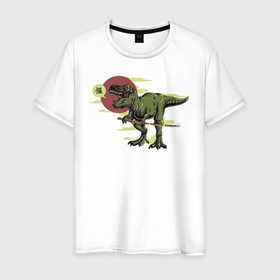 Мужская футболка хлопок с принтом Диносамурай в Петрозаводске, 100% хлопок | прямой крой, круглый вырез горловины, длина до линии бедер, слегка спущенное плечо. | ninja | динозавр | катана | ниндзя | тираннозавр | япония