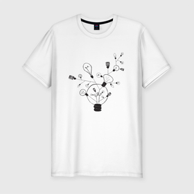 Мужская футболка хлопок Slim с принтом Absurd 3 в Петрозаводске, 92% хлопок, 8% лайкра | приталенный силуэт, круглый вырез ворота, длина до линии бедра, короткий рукав | абстрактный | геометрия | идея | иллюстрация | лампочки | мысль | рисунок | черно белый