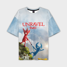 Мужская футболка oversize 3D с принтом Unravel Two friends в Тюмени,  |  | coldwood interactive | unravel | unravel two | головоломка | красная пряжа | распутать | семейная игра | ярни
