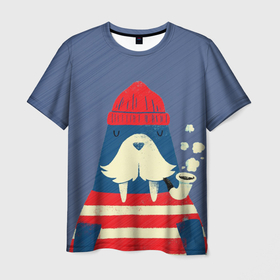 Мужская футболка 3D с принтом Морж в Белгороде, 100% полиэфир | прямой крой, круглый вырез горловины, длина до линии бедер | Тематика изображения на принте: животные | морж | моряк | рыбак | рыбалка
