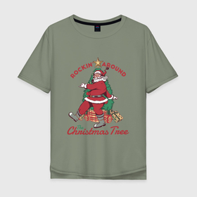 Мужская футболка хлопок Oversize с принтом Rockin Santa в Новосибирске, 100% хлопок | свободный крой, круглый ворот, “спинка” длиннее передней части | art | christmas | gifts | holiday | new year | santa | santa claus | star | tree | арт | елка | звезда | новый год | подарки | праздник | рождество | санта | санта клаус