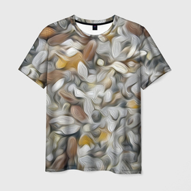 Мужская футболка 3D с принтом желто-серый каменный узор в Санкт-Петербурге, 100% полиэфир | прямой крой, круглый вырез горловины, длина до линии бедер | abstraction | pebbles | stones | texture | абстракция | галька | камни | мазки | текстура