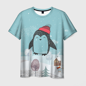 Мужская футболка 3D с принтом Милый пингвин в Новосибирске, 100% полиэфир | прямой крой, круглый вырез горловины, длина до линии бедер | Тематика изображения на принте: 2021 | 7 января | bull | newyear | santa | бык | быки | бычок | год быка | дед мороз | корова | новогодние каникулы | новогодние праздники | новый 2021 | новый год | новый год 2021 | рождество | сани | санта | санта клаус