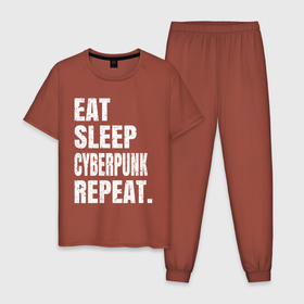 Мужская пижама хлопок с принтом EAT SLEEP CYBERPUNK REPEAT. в Курске, 100% хлопок | брюки и футболка прямого кроя, без карманов, на брюках мягкая резинка на поясе и по низу штанин
 | Тематика изображения на принте: 2077 | cyberpunk | cyberpunk 2077 | eat sleep cyberpunk repeat | eat sleep repeat | game | игры | киану ривз | киберпанк | самурай