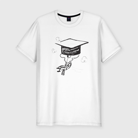 Мужская футболка хлопок Slim с принтом Absurd 7 в Петрозаводске, 92% хлопок, 8% лайкра | приталенный силуэт, круглый вырез ворота, длина до линии бедра, короткий рукав | выпускник | графика | иллюстрация | кисточка | облака | полет | рисунок | треуголка | ученик | человечек | черно белый
