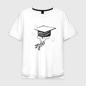 Мужская футболка хлопок Oversize с принтом Absurd 7 в Петрозаводске, 100% хлопок | свободный крой, круглый ворот, “спинка” длиннее передней части | выпускник | графика | иллюстрация | кисточка | облака | полет | рисунок | треуголка | ученик | человечек | черно белый