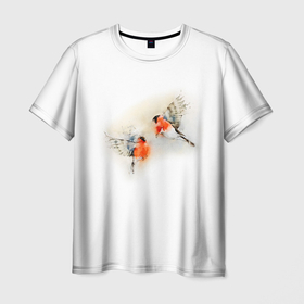 Мужская футболка 3D с принтом Снегири в Кировске, 100% полиэфир | прямой крой, круглый вырез горловины, длина до линии бедер | животные | зима | новый год | птицы | снег | снегири