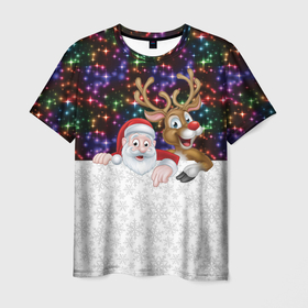 Мужская футболка 3D с принтом Новый Год , 100% полиэфир | прямой крой, круглый вырез горловины, длина до линии бедер | christmas | merry christmas | дед мороз | ёлка | зима | мороз | новогодний олень | новый год | подарок | праздник | рождество | с новым годом | санта клаус | снегурочка | снежинки