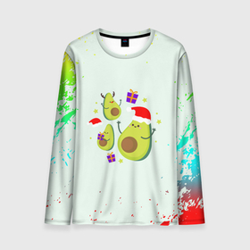 Мужской лонгслив 3D с принтом Новогодние Авокадо в Белгороде, 100% полиэстер | длинные рукава, круглый вырез горловины, полуприлегающий силуэт | авокадо | веган | еда блогеров | мемы | минимализм | прикольные картинки | прикольные надписи | растение | смешное авокадо | фрукт
