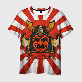 Мужская футболка 3D с принтом Sun samurai в Курске, 100% полиэфир | прямой крой, круглый вырез горловины, длина до линии бедер | Тематика изображения на принте: demon | japan | mask | samurai | sun | демон | иероглиф | маска | ниндзя | самурай | солнце | япония | японское солнце