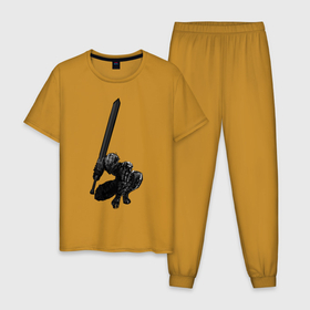Мужская пижама хлопок с принтом Berserk Guts  в Тюмени, 100% хлопок | брюки и футболка прямого кроя, без карманов, на брюках мягкая резинка на поясе и по низу штанин
 | anime | armor | berserk | black | cape | guts | strong | sword | warrior | аниме | берсерк | гатс