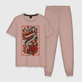 Мужская пижама хлопок с принтом Японский стиль в Екатеринбурге, 100% хлопок | брюки и футболка прямого кроя, без карманов, на брюках мягкая резинка на поясе и по низу штанин
 | гадюка | змея | знаки | иероглифы | рисунок | стиль | хипстер | япония