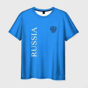 Мужская футболка 3D с принтом RF_FASHION в Екатеринбурге, 100% полиэфир | прямой крой, круглый вырез горловины, длина до линии бедер | Тематика изображения на принте: герб россии | надпись россия | патриот | россия | синий цвет