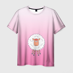 Мужская футболка 3D с принтом веселая овечка , 100% полиэфир | прямой крой, круглый вырез горловины, длина до линии бедер | арт | барашек | вектор | веселое животное | градиент | девочковый | детский | мило | облако | овечка | овца | рисунок | розовый