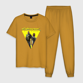 Мужская пижама хлопок с принтом Cyberpunk 2077 , 100% хлопок | брюки и футболка прямого кроя, без карманов, на брюках мягкая резинка на поясе и по низу штанин
 | 2077 | action | cyberpunk | cyberpunk 2077 | rpg | игра | киберпанк | найт сити | рпг