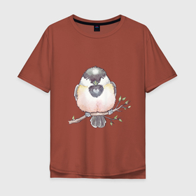 Мужская футболка хлопок Oversize с принтом Милый пухлый птенчик в Новосибирске, 100% хлопок | свободный крой, круглый ворот, “спинка” длиннее передней части | акварель | акварельный | арт | ветка | воробей | грудка | клюв | милый | птенец | птица | птичка | пухлый | рисунок | синица | снегирь