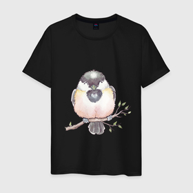 Мужская футболка хлопок с принтом Милый пухлый птенчик в Новосибирске, 100% хлопок | прямой крой, круглый вырез горловины, длина до линии бедер, слегка спущенное плечо. | акварель | акварельный | арт | ветка | воробей | грудка | клюв | милый | птенец | птица | птичка | пухлый | рисунок | синица | снегирь