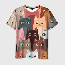 Мужская футболка 3D с принтом Котики мультяшные в Екатеринбурге, 100% полиэфир | прямой крой, круглый вырез горловины, длина до линии бедер | cat | cats | cosmos | kitten | mem | memes | rose | roses | глаза | глазки | киска | космос | кот | котёнок | котик | котики | котэ | котята | кошак | кошка | кошки | красивая | мем | мемчики | милая | прикольная | розы | светлая