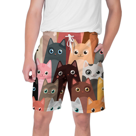 Мужские шорты 3D с принтом Котики мультяшные в Белгороде,  полиэстер 100% | прямой крой, два кармана без застежек по бокам. Мягкая трикотажная резинка на поясе, внутри которой широкие завязки. Длина чуть выше колен | cat | cats | cosmos | kitten | mem | memes | rose | roses | глаза | глазки | киска | космос | кот | котёнок | котик | котики | котэ | котята | кошак | кошка | кошки | красивая | мем | мемчики | милая | прикольная | розы | светлая